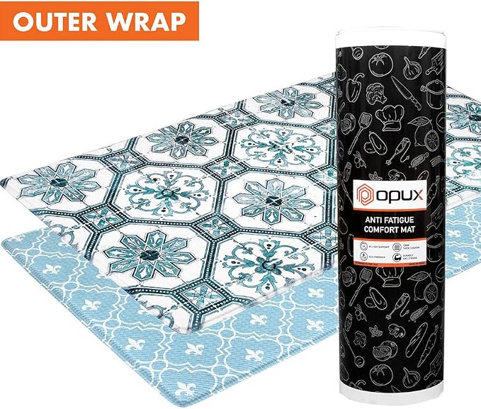 OPUX Anti Fatigue Kitchen Floor Mat, Reversible Cushioned Memory Foam Kitchen Rug Pad, Waterproof Non-Slip Padded Comfort Standing Mat Office Laundry Home, 32x17 (Floral Tile Blue)