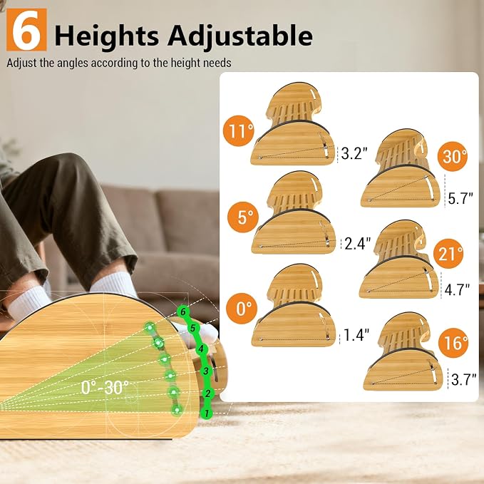 Bamboo Foot Rest for Under Desk at Work - Reversible Rocking Desk Footrest 2-in-1 with 6 Adjustable Heights, Ergonomic Foot Rest Under Desk with Anti-Slip Surface for Home, Office and Gaming
