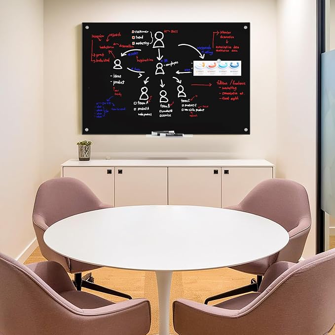 maxtek Magnetic Glass Dry Erase White Board, 36" x 24" Black Glass Board for Wall Mounted, Includes 6 Magnets with Marker Tray, 3 Markers and 1 Eraser for Classroom Home, Office Supplies