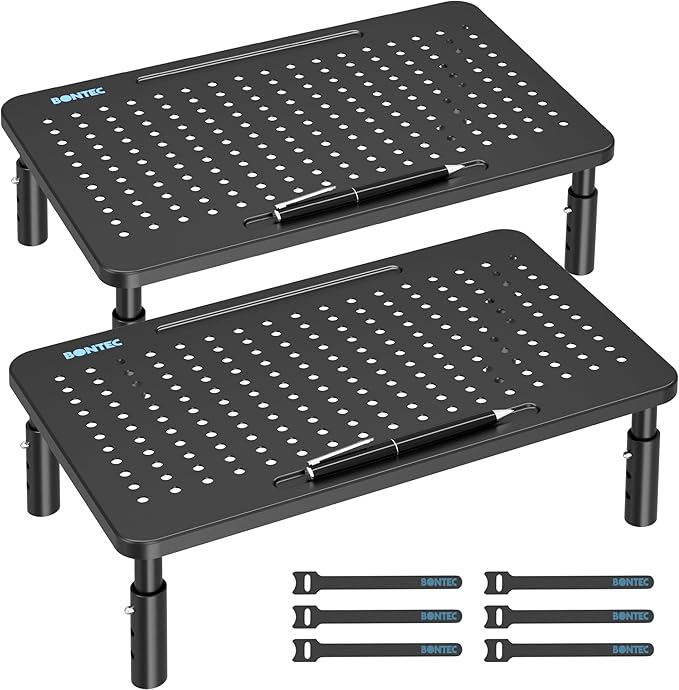 BONTEC Monitor Stand for Desk 2 Pack, 3-Level Height Adjustable Metal Monitor Riser, 14.5 x 9.1 in Ergonomic Computer Stand with Pen Holder & Cable Management for Printer, Laptop, Office Workstation