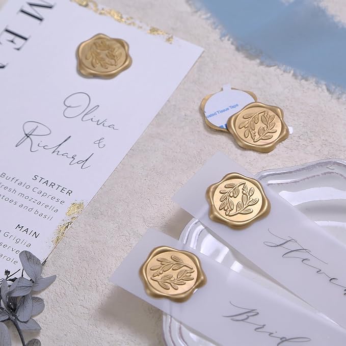 UNIQOOO Wax Seal Stickers - Olive Branch Wedding Invitation Envelope Seal Stickers, 50 Pcs Self- Adhesive Prosecco Metallic Light Gold Stickers, Perfect for Invitation, Christmas, Gift Wrapping