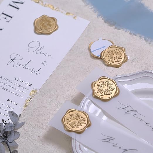 UNIQOOO Wax Seal Stickers - Olive Branch Wedding Invitation Envelope Seal Stickers, 50 Pcs Self- Adhesive Prosecco Metallic Light Gold Stickers, Perfect for Invitation, Christmas, Gift Wrapping