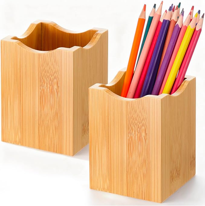 Henoyso 2 Pcs Bamboo Wood Pen Pencil Holder Square Pencil Cup Stand Makeup Organizer for Pen Holder Desk Home Office Adults(Bamboo Wood, Wavy)