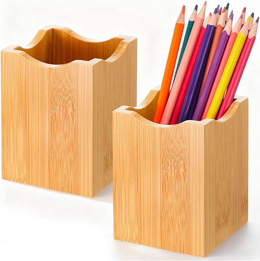 Henoyso 2 Pcs Bamboo Wood Pen Pencil Holder Square Pencil Cup Stand Makeup Organizer for Pen Holder Desk Home Office Adults(Bamboo Wood, Wavy)