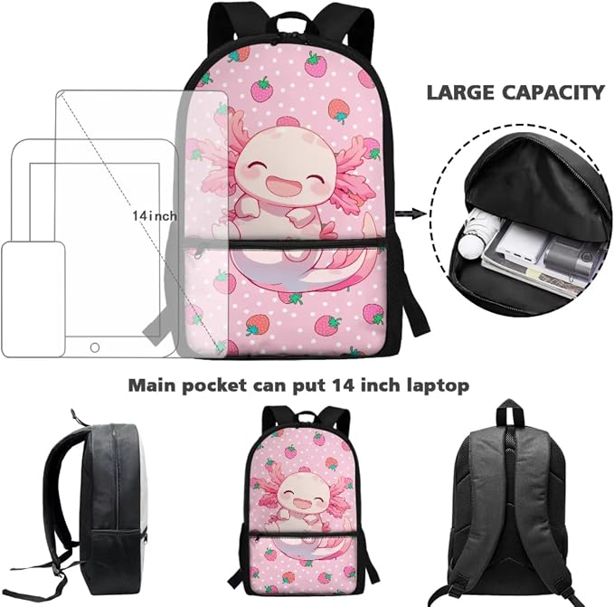 WELLFLYHOM 6-11 Kid Cute Axolotl 4 In 1 Bookbag Set, Pink 17 Inch Strawberry Backpack with Lunch Box for Girls, Back to School Supplies for Elementary Students, Mochila Para Niñas
