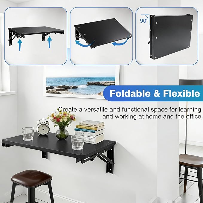 Folding Shelf Wall Mounted for Small Space, Wooden Wall Table for Living Room Bedroom Decor, Office Floating Fold Down Desk, Media Shelves with Heavy-Duty Brackets, 21.7Inches Black