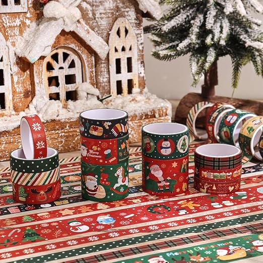 icceemee Christmas Theme Washi Tape Set, 12 Rolls Christmas Washi Tape Writable Decorative Tapes for Scrapbooking, Junk Journal Supplies, Bullet Journaling, 0.6"x79" per Roll