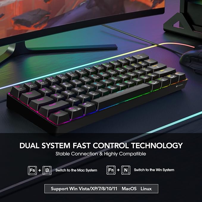KOORUI 60% Gaming Keyboards, 61 Keys Wired Ultra-Compact Mechanical Keyboard 26 RGB Backlit with Red Switch Mini Keyboards for Windows MacOS Linux