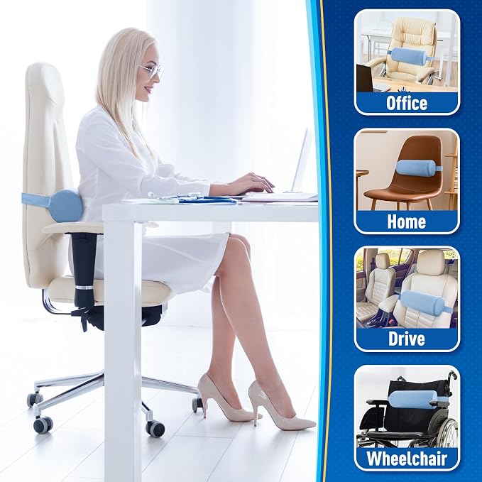 Lumbar Roll Support Pillow for Office Chair, Car, Gaming Chair, Memory Foam Back Cushion with Washable Cover for Relieving Back Pain & Improving Posture,Light Blue