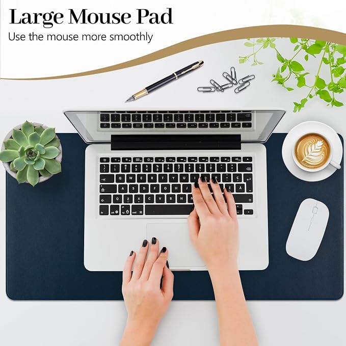 Dark Blue Leather Desk Pad Large Mouse Pad, 23.6"x13.8" | Waterproof Desk Mat for Keyboard and Mouse, Non-Slip Computer Desk Protector, Smooth Mouse Control for Home Office