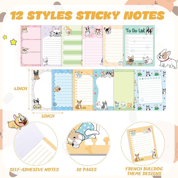 12 Pcs French Dog Sticky Notes Kawaii Notepads 3x4 Inch Adhesive Dog Gifts for Frenchie Lovers to Do List for Memo Reminder for Office Home Supplies Christmas Small Gift