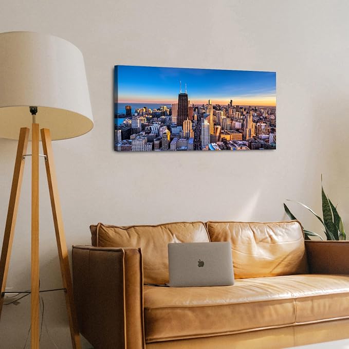 AIYISU Sunset Chicago Wall Art USA City Wall Decor Chicago Skyline Picture Center Cityscape Canvas Prints Painting Modern City Skyscraper Poster Artwork for Bedroom Living Room Home Decoration 20x40”