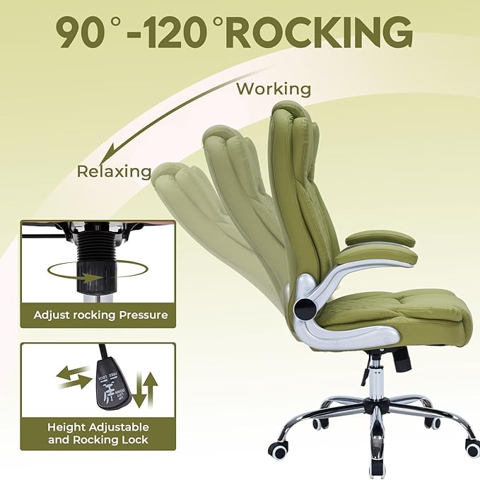 400lbs Executive Office Chair with Flip-Up Armrests, Big and Tall Computer Chair for Heavy People, Heavy Duty Ergonomic Comfy Chair, Breathable PU Leather (Green)