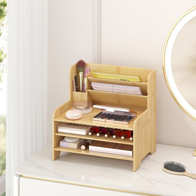 Bamboo File Organizer for Desk, Desktop Paper Tray and Mail Holder | Three open tiers keep A4/letter paper, folders, bills and mail sorted, visible and easy to reach while saving desk space