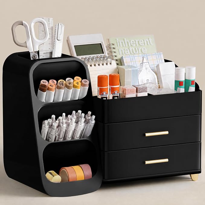 HBlife Desk Organizer with Pen Pencil Holder for Desk, Pen Organizer with 2 Drawers, Desk Organizers and Accessories with 4 Compartments, Desktop Storage for Office Home School Art Supplies, All Black