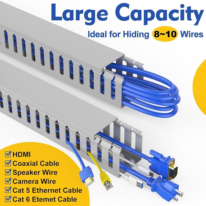 Open Slot Wiring Raceway Cable Duct,Cable Management Cord Track | 123" open slot cable raceway,Grey 1.97x1.97", 2 pcs desk wire channel to hide computer cables and cords