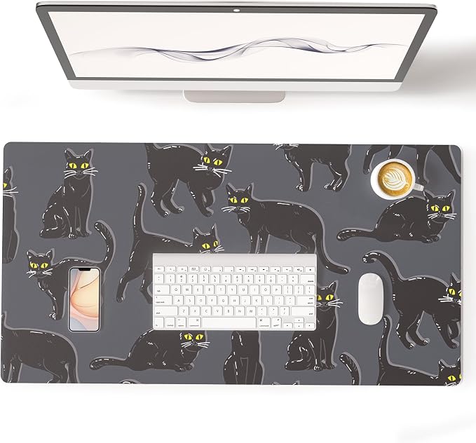 Colorful Star Black Large Mouse Pad, Cute Cat Waterproof Office Desk Mat, Non-Slip Gaming Mouse Pad, XXL PC Laptop Protector Pads, PU Leather Desk Writing Pads for Office Home, 31.5" x 15.7"