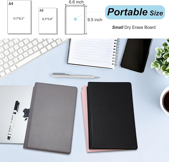 Portable Small Dry Erase Board with Stand, Reusable White Board Handheld Whiteboard Dry Erase Notebook, Standable Desktop Notepad, Home Office Study Essentials-PU Cover Writing Board 9.5" x 6.6"-Gray
