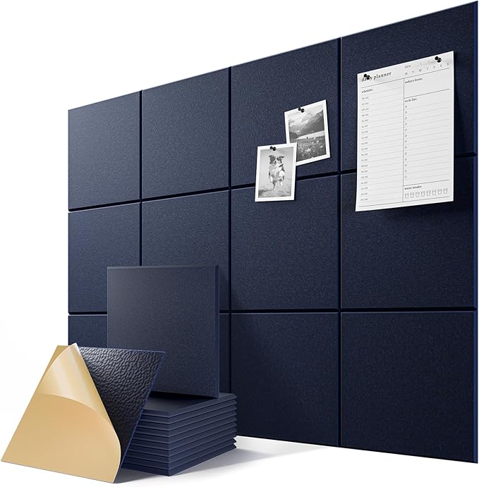 6-Pack Self-Adhesive Acoustic Panels, 12" X 12" X 0.4" High-Density Sound Proof Foam Panels for Walls, 36" x 24" Felt Bulletin Board, Soundproof Wall Panels for Home & Office (Navy Blue)