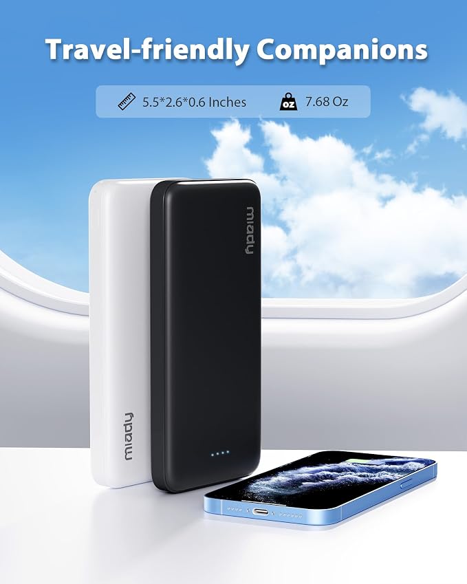 Miady 2-Pack 10000mAh Dual USB Portable Charger, Type-C Charging Power Bank, Slim Battery Pack for iPhone 17/16/15/14, Galaxy S24/22, Android etc