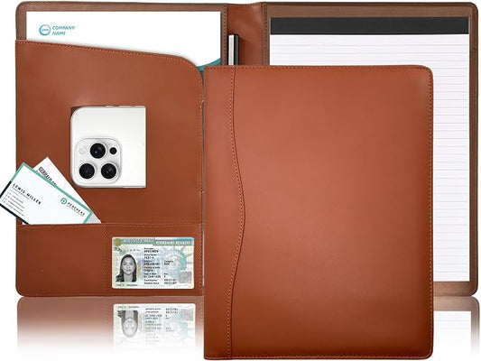 Padfolio Portfolio Folder Portfolio Organizer for A4 Size Pad - Faux Leather Folder with Storage Pocket, Card Holders & Pen Loop for Business Meeting, Office, Student (Brown)
