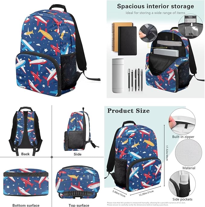 Ystardream Elementary School Bag for Boys Cartoon Airplane Backpack with Lunch Box Set for Teen Kids Backpack with Multiple Pockets Lightweight Pencil Case for Student Back to School Gift