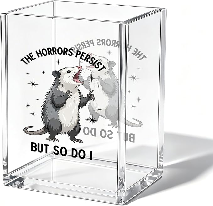 Funny Possum Office Acrylic Cosmetic Pen Pencil Holder Cup, The Horrors Persist But So Do I Cute Pencil Organizer, Humor Unique Desk Accessories, Sarcastic Gifts for Women Men Coworker（A44）