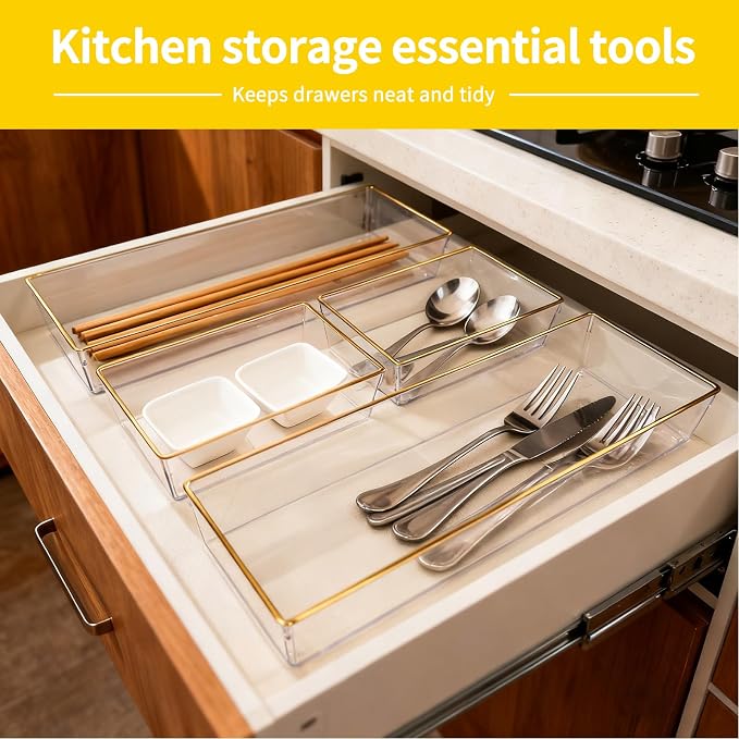 12 Pack Large Size Clear Stackable Drawer Organizer Trays, Gold Rim Makeup Drawer Storage Tray Divider, Desk Storage for Makeup, Jewelry, Bathroom, Stationary, Kitchen Utensils and Office Desk