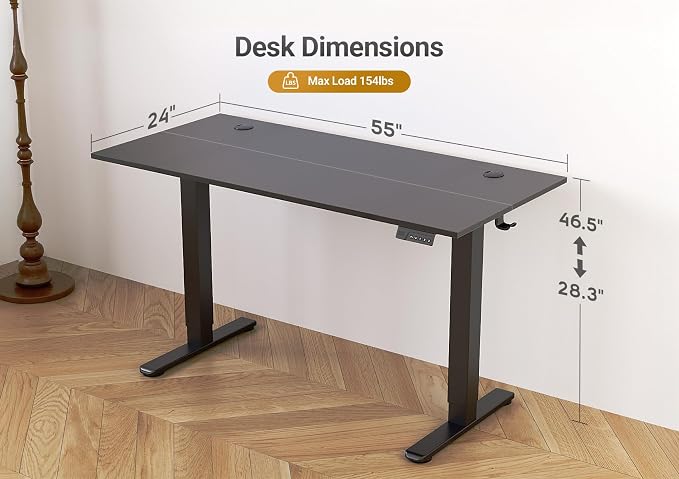 Seang Electric Standing Desk Adjustable Height, 55 x 24 Inch Sit Stand Desk with T-Shaped Frame, 3 Memory Presets & Cable Management for Home Office Computer Workstation, Black Frame/Black Top