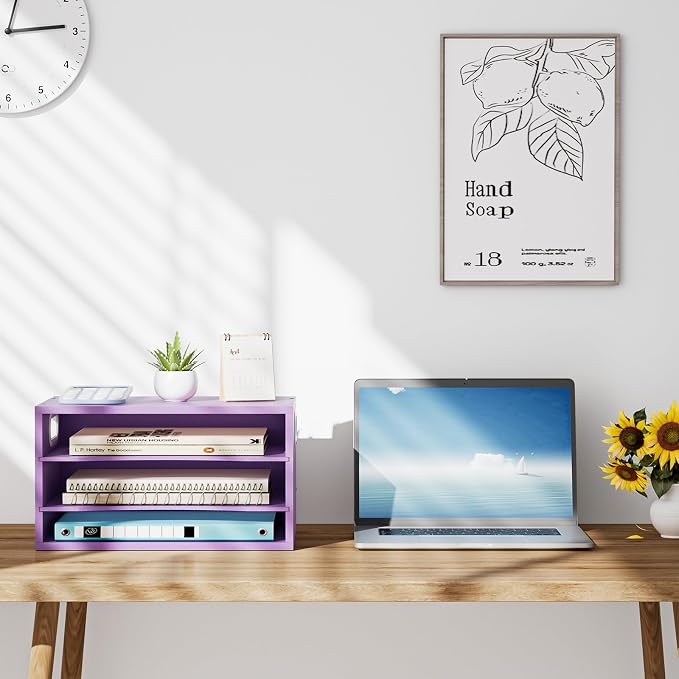 Marbrasse 3 Tier Wood Desk Organizer, Paper Letter Tray Organizer，Purple | Wooden Desktop File Organizer with Handle and Paper Sorter Mail Holder for Office School & Home Supplies Organization