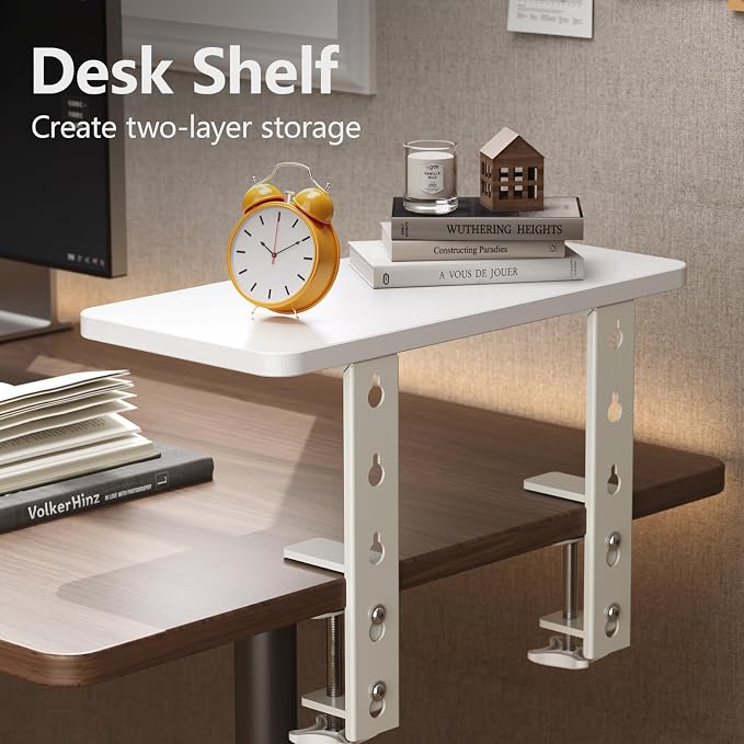 3 in 1 Clamp-on Desk Extender Shelf, 15.7×7.5 Inch, White | Adjustable Desk Riser for Monitor & Keyboard, Heavy-Duty Side/Top Desk Organizer Shelf, Desktop Storage for Office Supplies