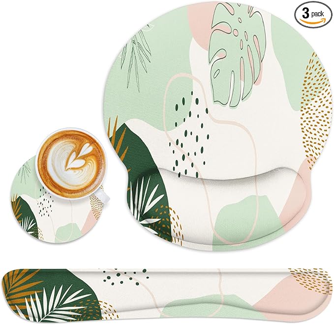 Britimes Green Boho Leaves Ergonomic Mouse Pad Set with Wrist Rest Non-Slip Rubber Base Wrist Cushion Support and Coasters Mousepad with Wrist Support for Computer Keyboard and Desk