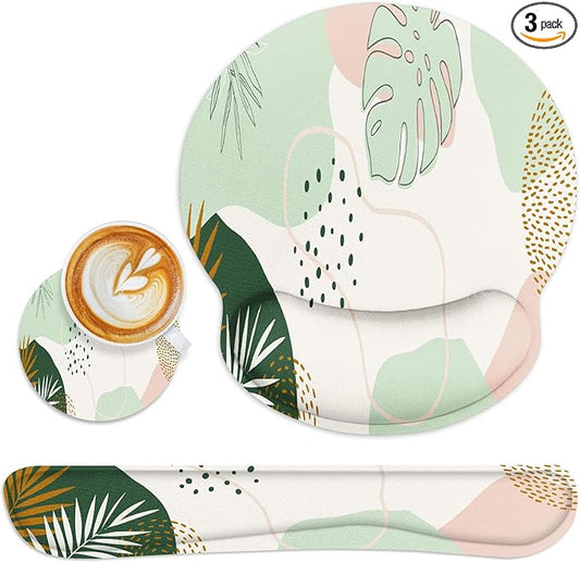 Britimes Green Boho Leaves Ergonomic Mouse Pad Set with Wrist Rest Non-Slip Rubber Base Wrist Cushion Support and Coasters Mousepad with Wrist Support for Computer Keyboard and Desk