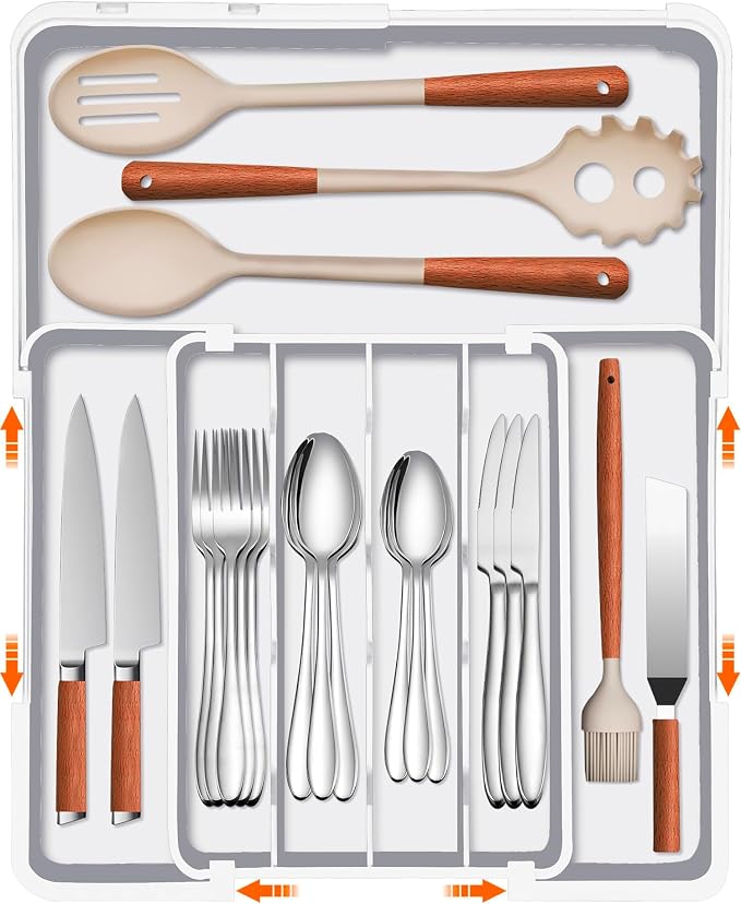 Silverware Drawer Organizer, Adjustable Utensil Tray for Kitchen Drawer, 19 x 15 Inches Flatware and Cutlery Holder, Expandable Plastic Storage for Spoons Forks Knives, 4-7 Slots, White