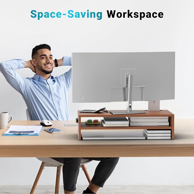 BONTEC Walnut Monitor Stand Riser, 21.3 Inch 2-Tier Wood Desk Shelf for Monitor & Laptop, Desktop Organizer with Cable Management and Phone Holder, Ergonomic Computer Riser, 66 lbs Capacity