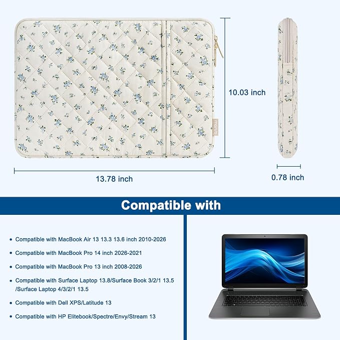 MOSISO 13-13.3 inch Laptop Case, 13.3 inch Puffy Laptop Sleeve Compatible with MacBook Neo/Air 13.6/Pro 13/Pro 14, HP Dell ASUS Lenovo, Square Quilted Ditsy Floral Vertical Bag&Small Case, Blue