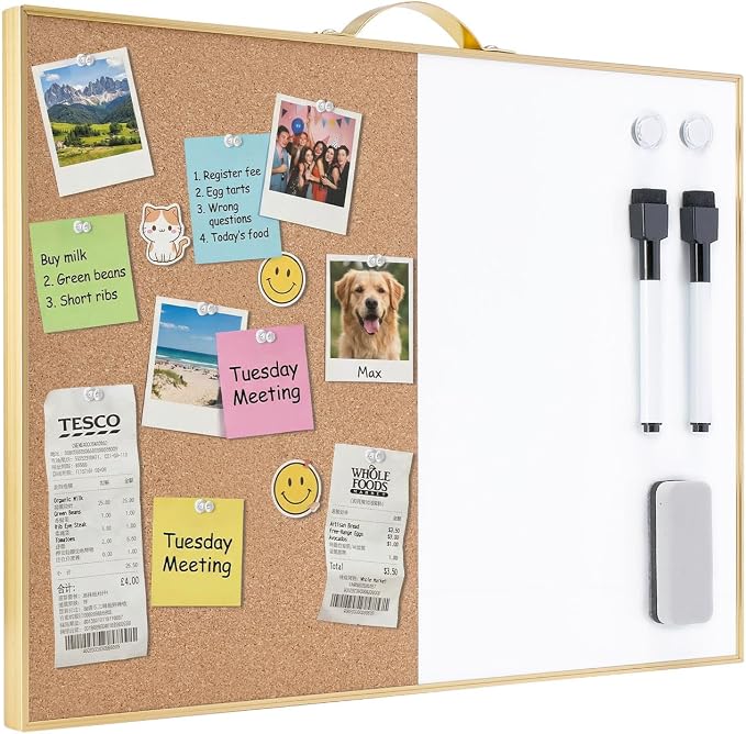 TSJ OFFICE Small Combination Board - 12" X 16" Portable Aluminum Gold Framed Magnetic Dry Erase Board for Wall, Small Bulletin Cork Board with Holder for Office, Home and School