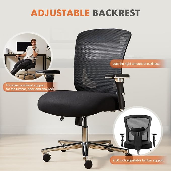 Sweetcrispy Big and Tall Office Desk Chair with Lumbar Support, 500lbs Heavy Duty Mesh Ergonomic Computer Chair with 4D Armrest and Wide Comfy Seat, Wheels for Adult, Black