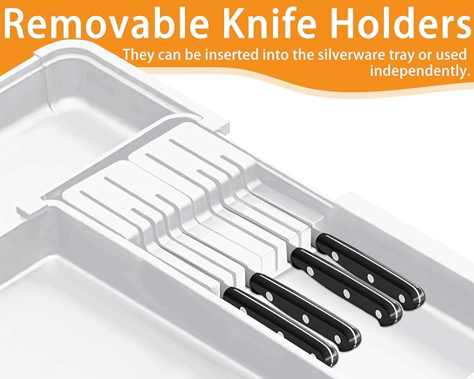 Silverware Organizer for Kitchen Drawer, Expandable Utensil Drawer Organizer with 2 Knife Block, Flatware and Cutlery Holder, Adjustable Plastic Storage for Spoons Forks Knives