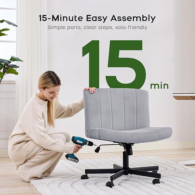 LukkDys Criss Cross Chair with Wheels, Wide Cross Legged Desk Chair, Comfy Fabric Vanity Chair for Home Office Bedroom, Adjustable Armless Swivel Task Chair with 90–115° Tilt, Gray