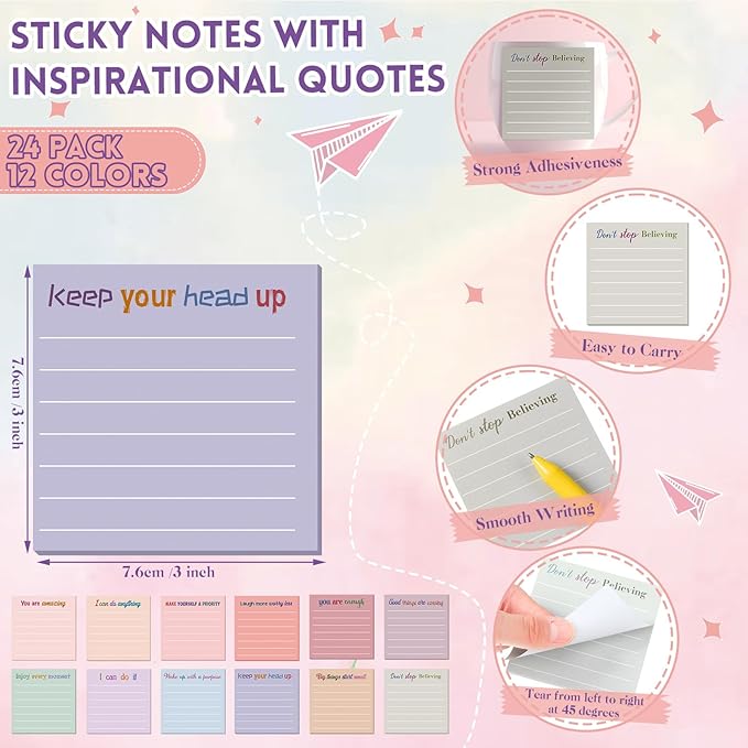 Yinder 24 Pcs Inspirational Sticky Notes Thank You Gift Motivational Sticky Note Pad Employee Appreciation Gift Bulk for Staff Coworker Teacher Nurse Office Groups 3 x 3'' (Motivation,Aesthetics)