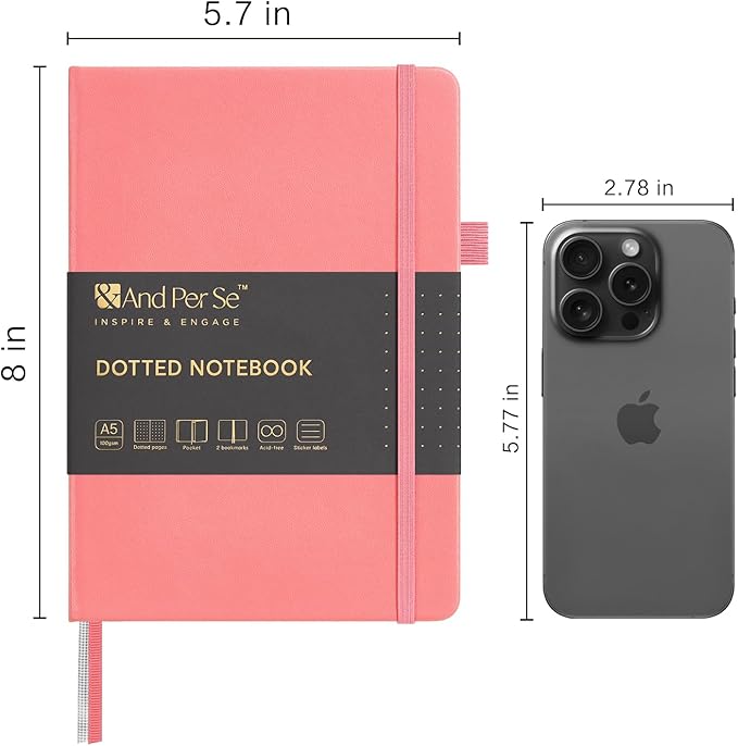 &And Per Se Dotted Journal Notebook, A5 Hardcover Leather Dotted Journal, 160 Pages 100gsm Thick Dot Grid Paper, 3 Sheets of Stickers Included - 5.7'' x 8'' (Rose pink)