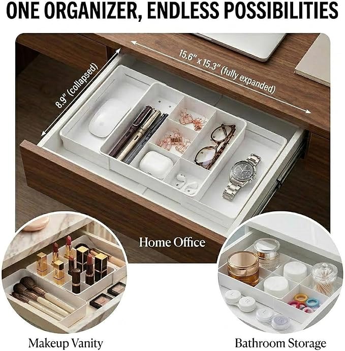 4-Way Expandable Drawer Organizer, 2.2" Low Profile Tray, White | Up to 13 compartments with 6 adjustable dividers & anti-slip pads. Ideal desk tray for office stationery & makeup vanity.