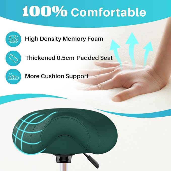 YEEZEE Saddle Stool Ergonomic, Saddle Chair with Wheels, Green | Comfortable Wide Thick Saddle Seat Padding, 360°Swivel, Adjustable Height, Ring Pedal Design, for Medical Massage Salon Spa