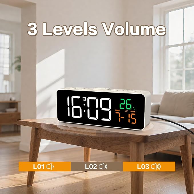 Netzu 3-in-1 Digital Clocks for Living Room, Small & Compact Alarm Clock | Temperature, Date & Time Display, 4 Birghtness, 3 Volumes, Plug-in, for Bedroom, Office