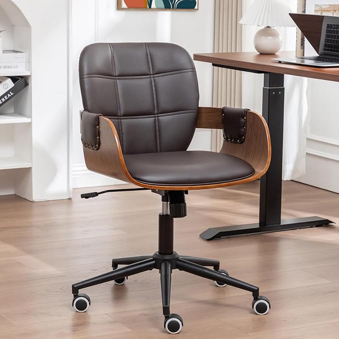 Desk Chair for Small Office, Mid Century Modern Desk Chair, Walnut Finish | Ergonomic Curved Back, Bentwood Frame, Rocking Function & 360° Swivel, Height Adjustable 19"-23", Support Up to 350 lbs