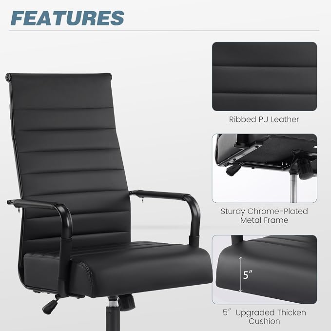JOMEED Office Desk Chair,Conference Room Chair,High Back PU Leather Swivel | Modern Executive Ribbed Design, Ergonomic, Height Adjustable, Wheels and Arms, for Home Office(Black-Black Frame)