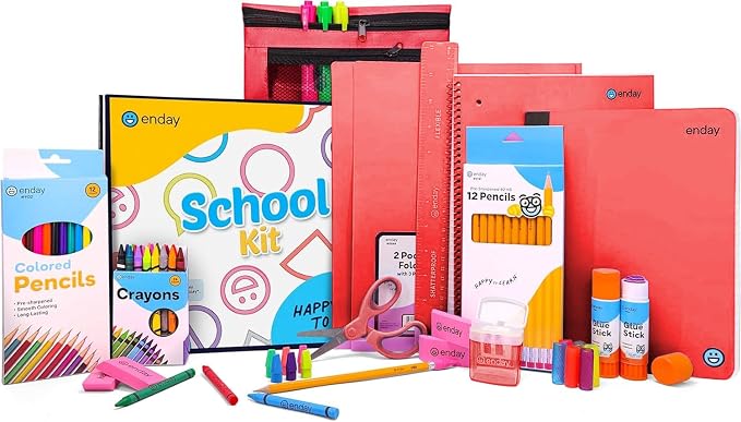 Enday Back to School Supplies for Kids, Red School Supply Box Grades K-5, Premium Quality Kids School Supplies Kit, Kindergarten School Supplies for Girls and Boys, 71 Piece Set