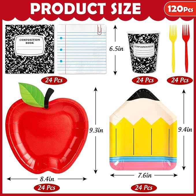 Whaline 120 Pcs Back to School Party Supplies Kit Apple Pencil Notebook Composition Tableware Set Disposable Dinnerware Paper Napkin Plate Cup Fork for 24 Guest First Day of School