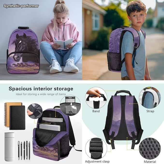 4 Pcs Western Horse Backpack Set - Elementary School Backpacks for Boys Girls with Lunch Box - 17 Inch Purple Bookbag for Kids Ages 6-10 Back to School - Lightweight & Portable